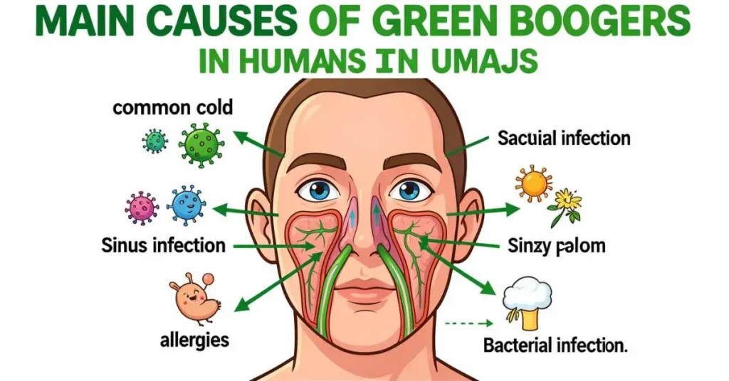 Diagram showing nasal passages, sinuses, and main causes of green boogers like cold, flu, sinus infection, bacterial infection, and allergies.