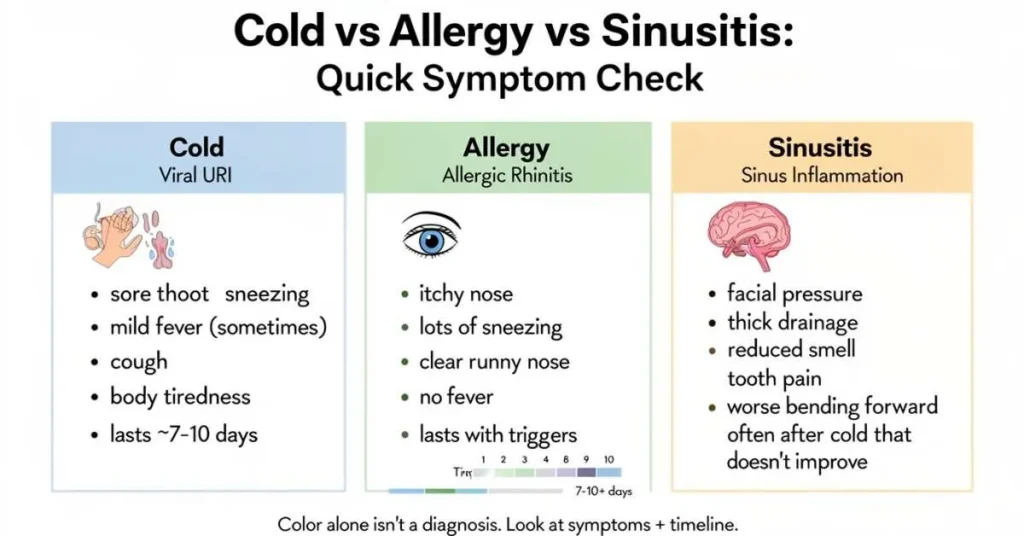 Cold vs allergy vs sinusitis symptom comparison chart