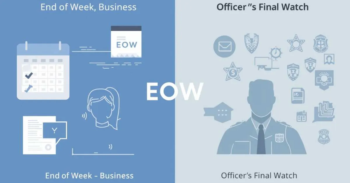 Infographic showing EOW meaning in business and police contexts