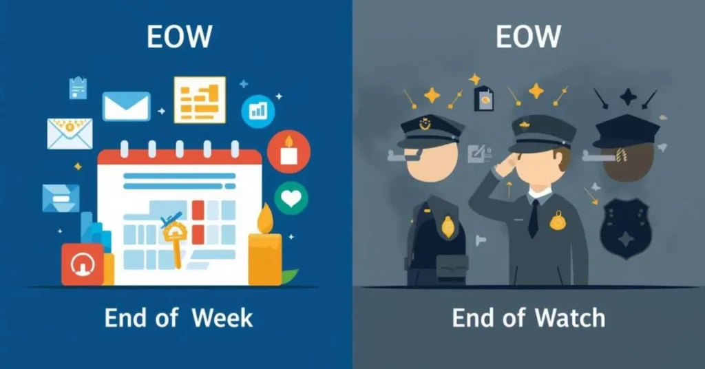 howing EOW full form: End of Week and End of Watch with business and police icons.