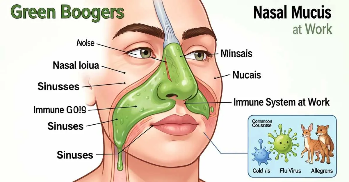 Illustration of green mucus in nasal passages showing causes and immune system activity