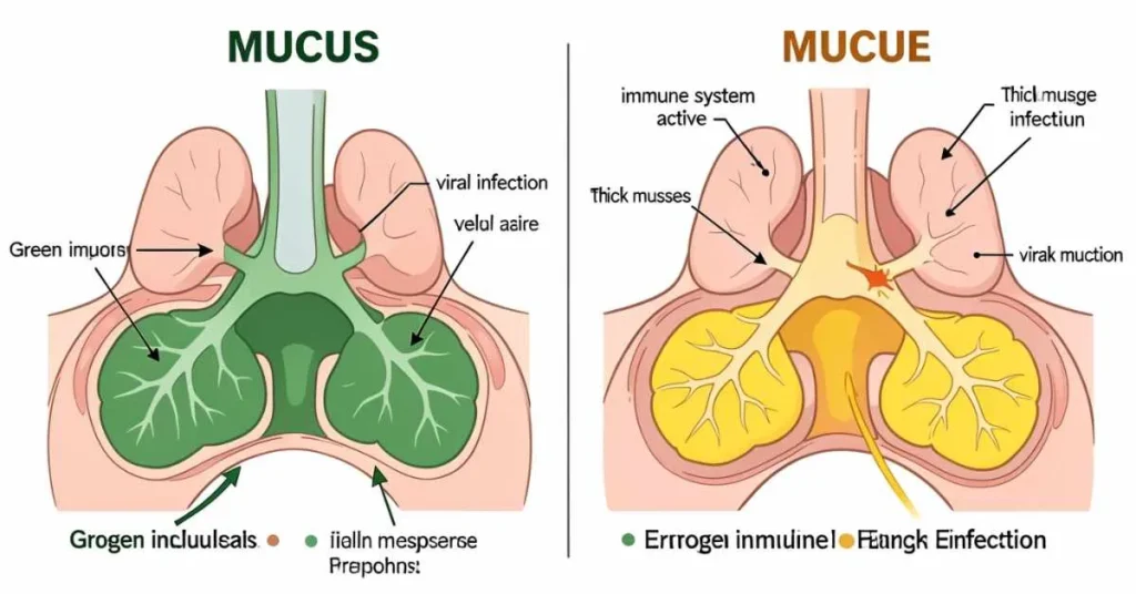 Diagram comparing green and yellow mucus in nasal passages and sinuses.