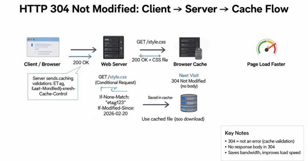 HTTP 304 Not Modified cache flow diagram (client, server, browser cache).