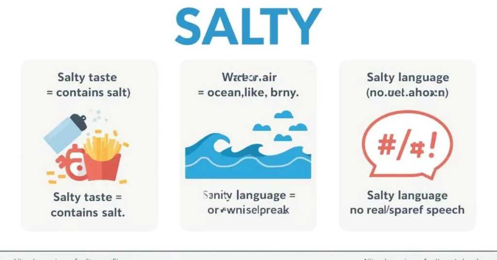 Infographic showing salty food, salty ocean air, and salty language meanings