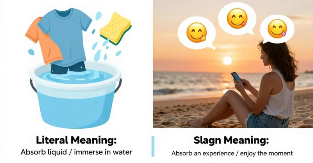 Literal vs slang meaning of soak: clothes in water vs enjoying a moment
