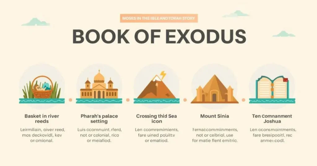 Moses in Exodus: basket rescue in Egypt, Pharaoh’s palace, Red Sea crossing