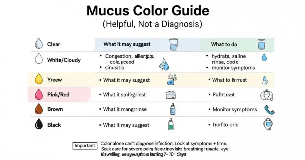Mucus color guide chart showing clear, white, yellow, green, and warning colors with simple tips.