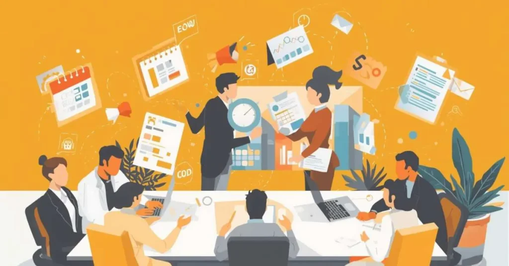 Modern office showing EOW, EOD, COB abbreviations in workplace communication