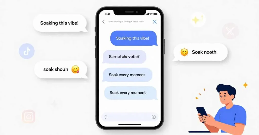 Illustration showing the slang meaning of soak in texting and social media with emojis and social app icons