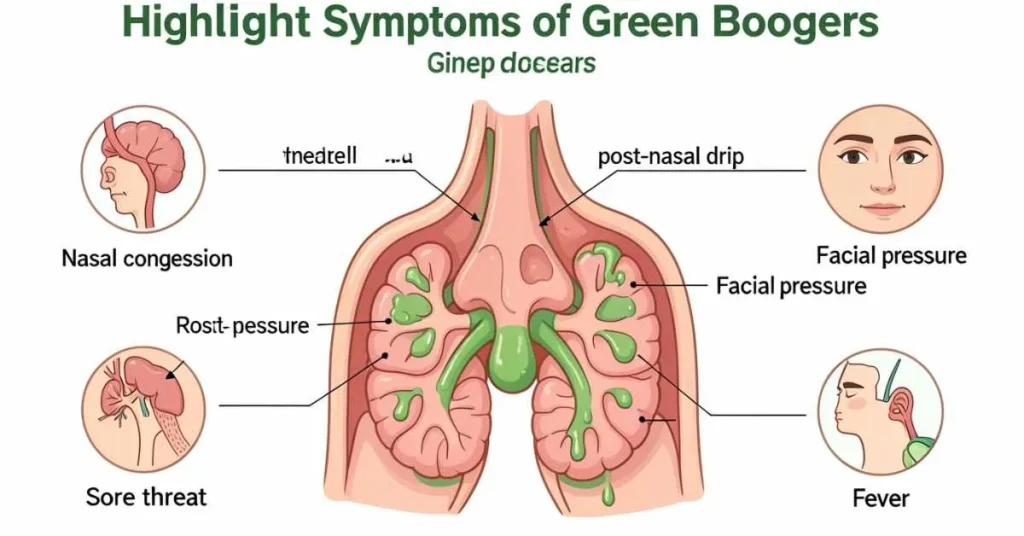showing nasal passages with green mucus and common symptoms like congestion, headache, and facial pressure