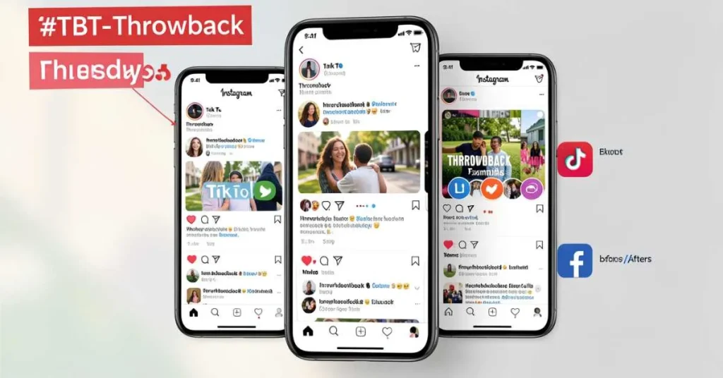 Smartphone showing TBT Throwback Thursday examples on Instagram, TikTok, and Facebook
