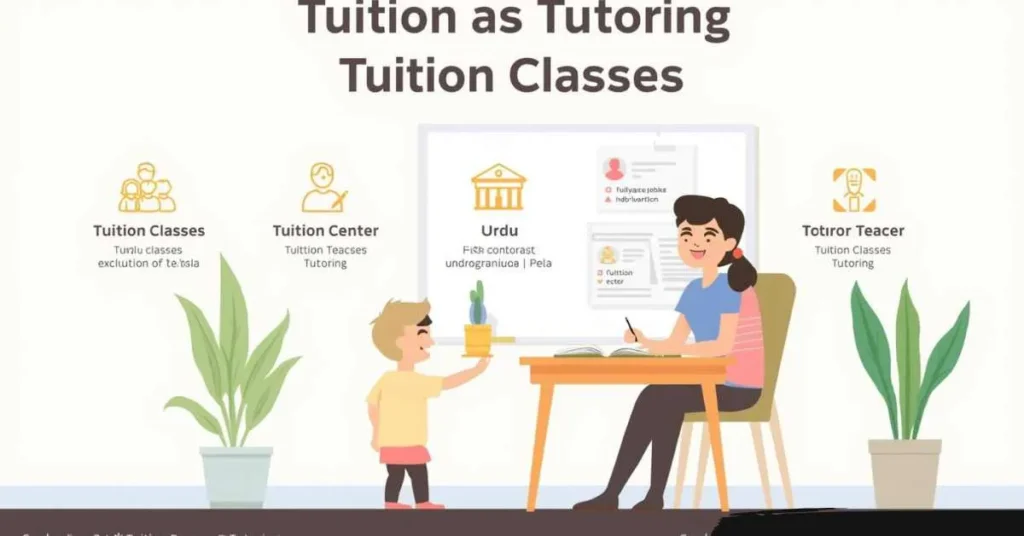 Tutor teaching a student with labels for tuition classes, tuition center, and tuition teacher.