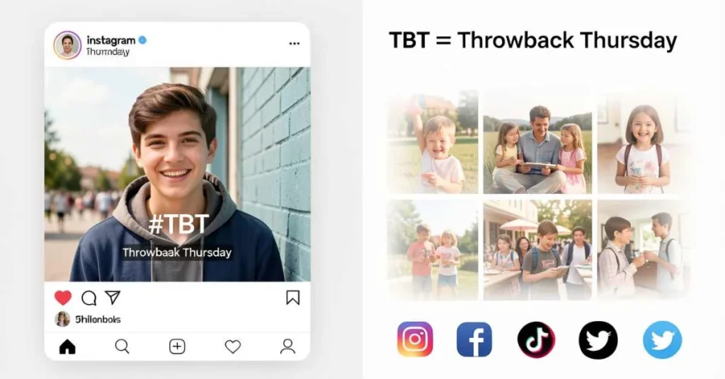 Illustration showing TBT meaning Throwback Thursday with social media nostalgic photos
