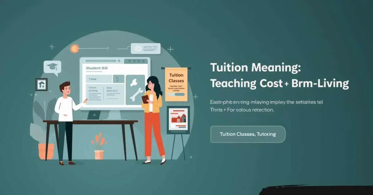 Tuition meaning infographic showing tuition vs fees, total cost breakdown,