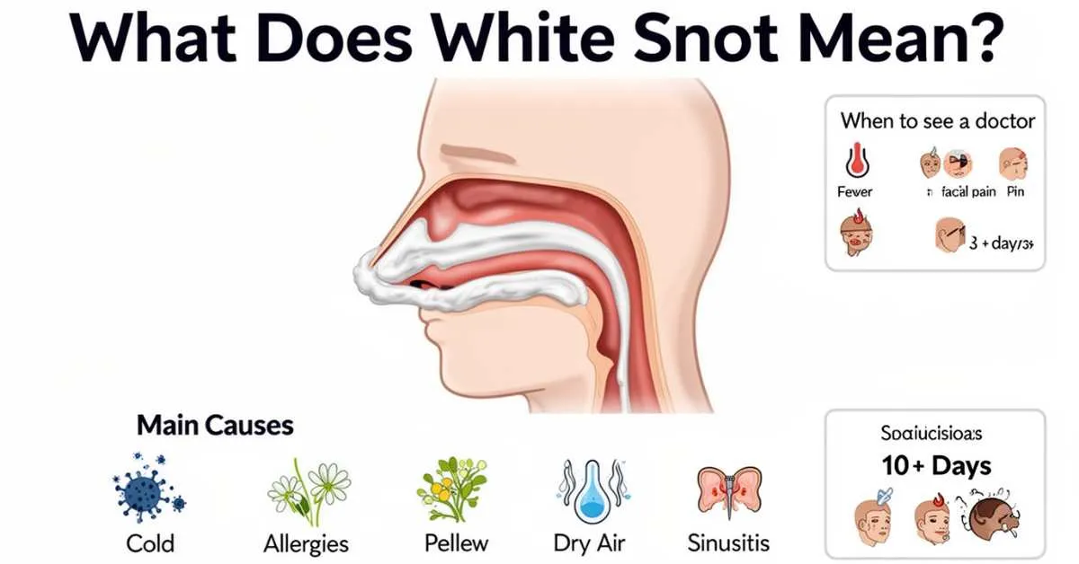 showing white snot meaning, nasal congestion, and common causes like cold, allergies, dry air, and sinusitis.