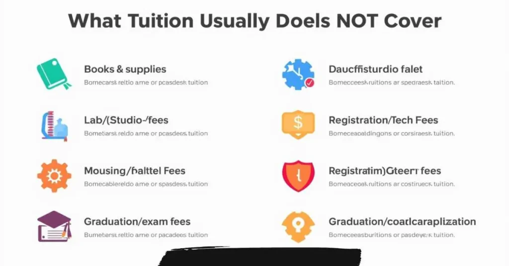 showing costs tuition usually does not cover, like books, housing, meals, transport, and extra fees.