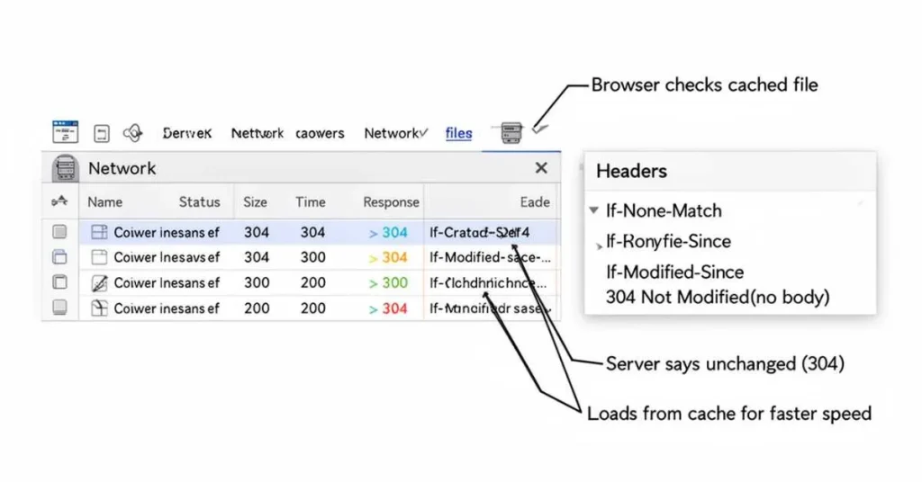 DevTools Network tab showing 304 Not Modified responses