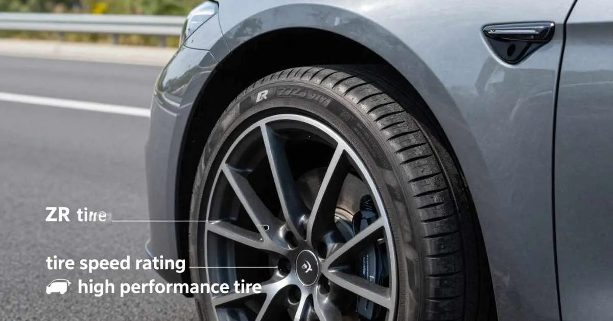 Close-up of ZR tire with speed rating W on sports car wheel