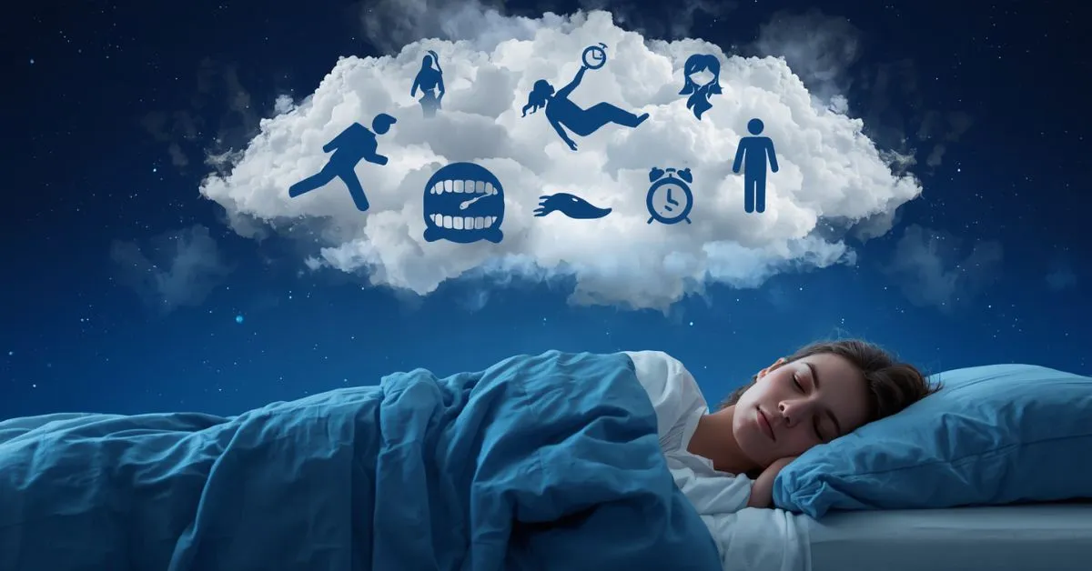 sleeping person with common dream symbols above bed
