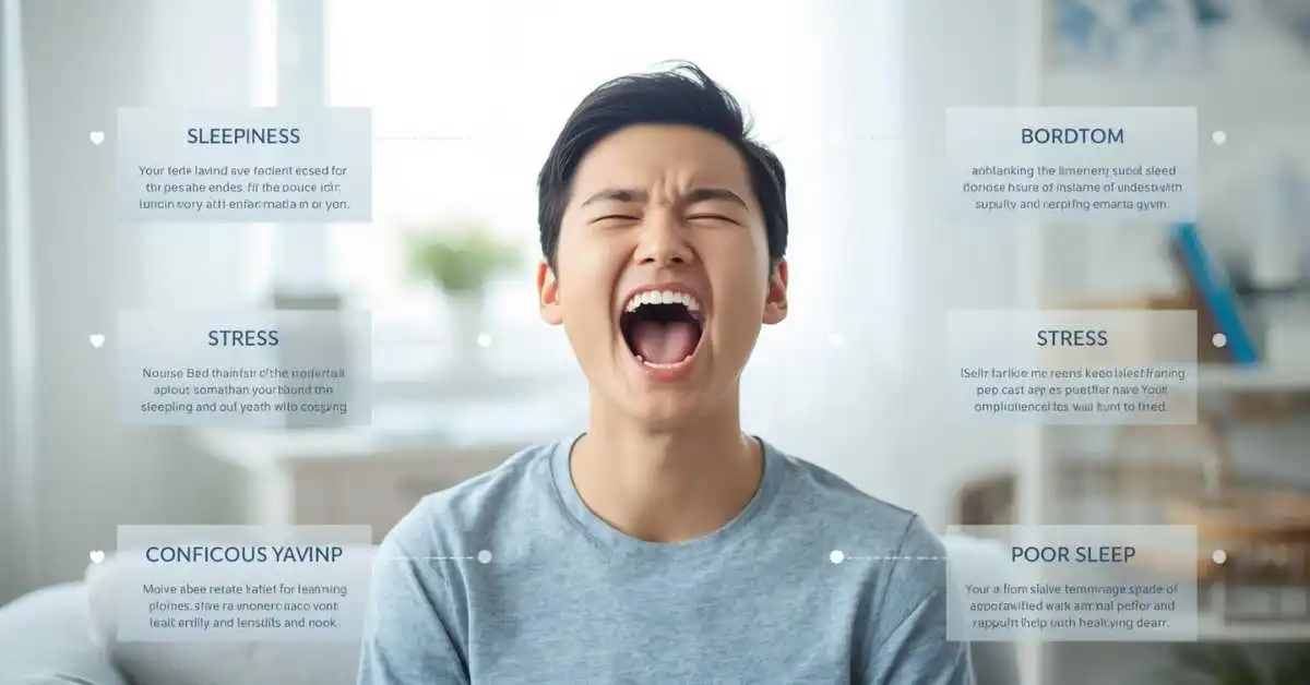 Person yawning with common causes shown